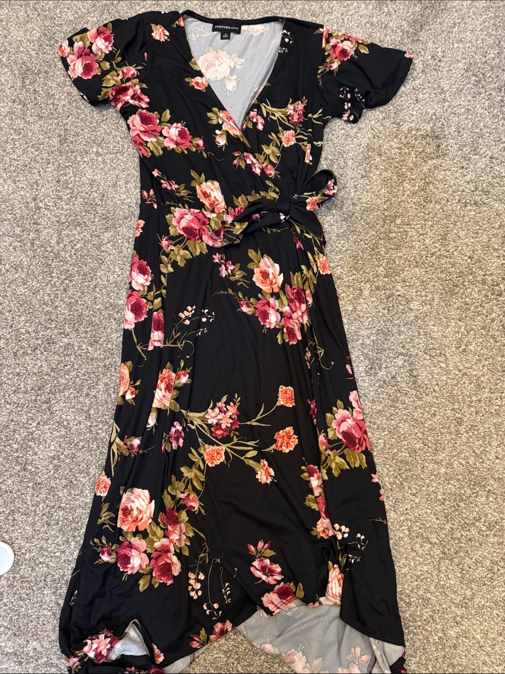 Women’s Black Floral Wrap Maxi Dress with Pink Rose Print